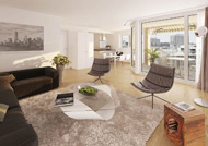 Visualisierung Verkaufsbild Innenraum Wohnbereich Letziliving Letzipark Zuerich 2014